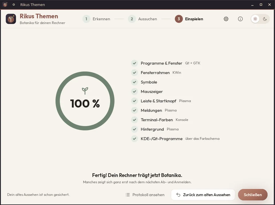 Rikus Themen nach dem Einspielen unter KDE Plasma: alle Teile mit Haken / Rikus Themes after applying on KDE Plasma: every part ticked