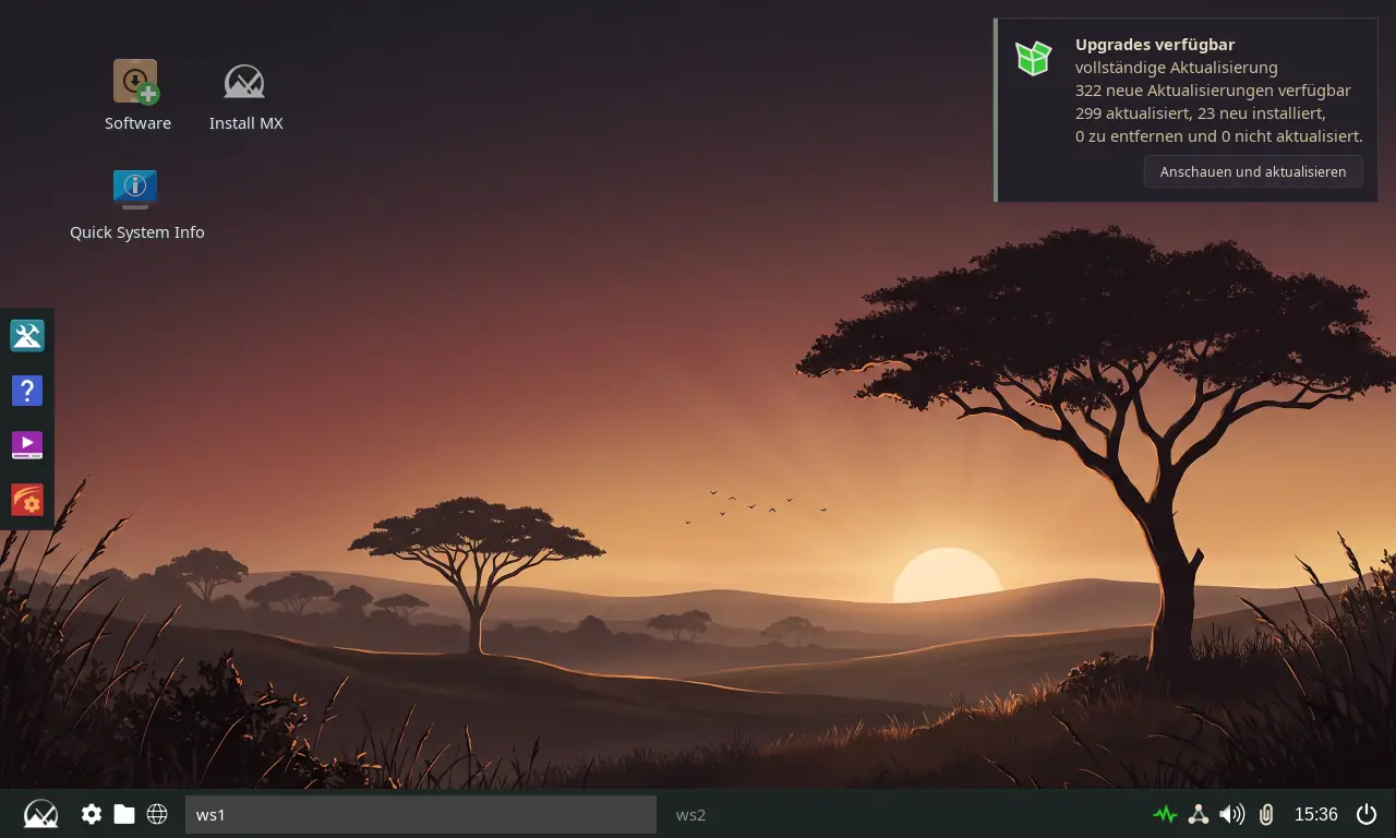 MX Linux mit Fluxbox und dem Botanika-Bild Abendrot / MX Linux with Fluxbox and the Botanika picture Abendrot