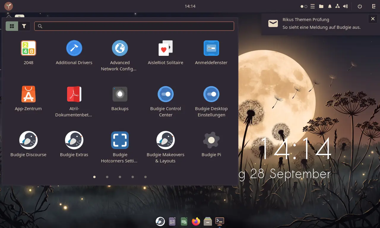 Ubuntu Budgie mit Botanika: Startmenü, Leiste und eine Meldung / Ubuntu Budgie with Botanika: start menu, panel and a notification
