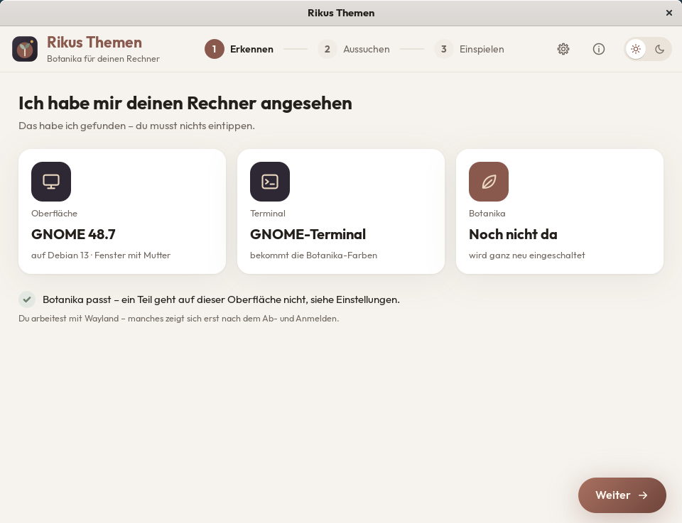 Schritt 1 Erkennen: GNOME 48.7, GNOME-Terminal, Botanika noch nicht da / Step 1 Detect: GNOME 48.7, GNOME Terminal, Botanika not here yet